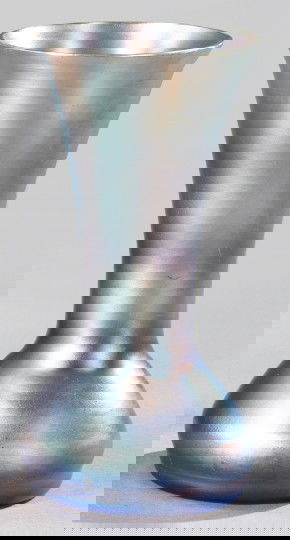 Johann Loetz Amber Glass Flared Neck Vase: Good Johann Loetz Pale Blue-Iridized Amber Glass Flared Neck Vase, first quarter 20th century, unsigned but displaying the expected large, high and polished Loetz signature pontil mark, h. 7-1/2", dia