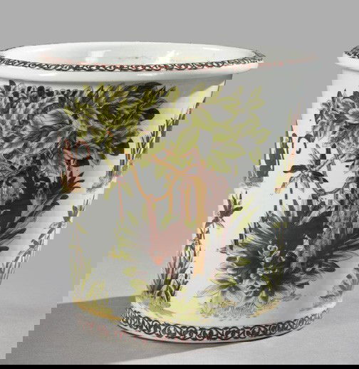 Amita Works, China, Porcelain Cachepot: Large Amita Porcelain Works, China, Porcelain Cachepot, of gently tapered section in "Monkeys and Palms" decor, the base with the transfer-printed mark of the Amita Works, h. 10", dia. 10".