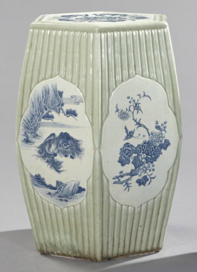 Chinese Porcelain Bamboo-Ribbed Garden Seat: Chinese Celadon Porcelain Bamboo-Ribbed Garden Seat, of large hexagonal form with avian, auspicious symbols, floral and kylin reserves decorated in blue and white, the seat with a pierced blue and whi