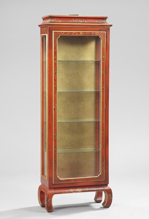 Anglo-Colonial Chinoiserie-Polychromed Vitrine: Anglo-Colonial Chinoiserie-Polychromed Vitrine, the molded cornice above a case fitted with a long glazed door and sides, raised on curved plinth legs, the whole featuring a figures-in-a-landscape des