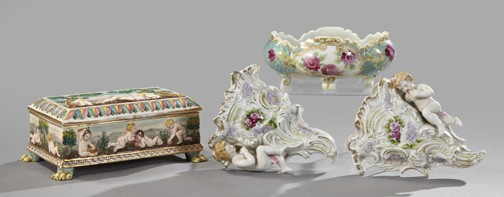 Four-Piece Collection of Porcelain Items,: Four-Piece Collection of Porcelain Items, consisting of a Capodimonte polychromed pottery oblong paw-footed table box in "Frolicking Putti" decor, second quarter 20th century, marked on the base with 