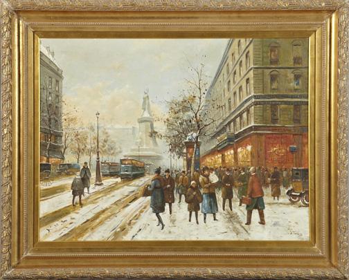 Continental School (Second Quarter 20th Century): Continental School (Second Quarter 20th Century) "Snowy Winter Street Scene", oil on canvas, signed lower right "D. Teniers", 30" x 40". Presented in a molded giltwood and gesso frame.