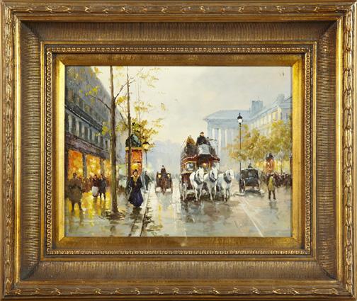 Manner of Edouard-Leon Cortes (French): Manner of Edouard-Leon Cortes (French, 1882-1969) "Parisian Street Scene at Dusk", oil on panel, unsigned, 21st century, 11-1/2" x 16". Presented in a Beaux Arts-style giltwood and gesso frame.