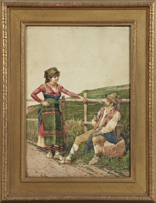 Filippo Indoni (Italian, ca. 1842-1908): Filippo Indoni (Italian, ca. 1842-1908) "Peasant Couple Resting by a Fence", watercolor on paper, signed lower right "F Indoni", sight 21" x 14-1/2". Glazed and presented in a giltwood and plaster fra