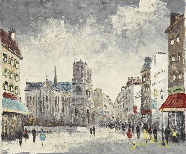 Jean Remy (French, ca. 1893): Jean Remy (French, ca. 1893) "Parisian Street Scene", oil on canvas, signed lower left "Jean Remy", 20" x 24". Unframed.
