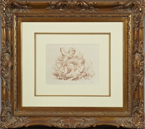 Manner of Francois Boucher (French, 1703-1770: Manner of Francois Boucher (French, 1703-1770) "Putti Playing Musical Instruments", giclee print, signed "Mlatty" lower right, sight 9" x 12". Glazed, double-matted and presented in a Louis XV-style g