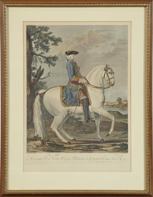 Jean Daulle (French, 1703-1763): Jean Daulle (French, 1703-1763) "Monsieur De Nestier Ecuyer Ordinaire de la grande Ecurie du Roy", hand-colored engraving, 1753, sight 22" x 15-1/2". Glazed, matted and presented in a molded and parce