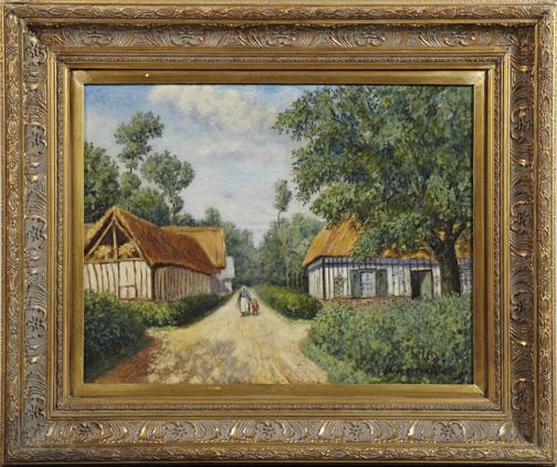 British School (First Quarter 20th Century): British School (First Quarter 20th Century) "Sunlit Farm Scene with Two Figures", oil on canvas, signed lower right "Jane Peterson", 18" x 24". Presented in a handsome giltwood and gesso Beaux Arts fr