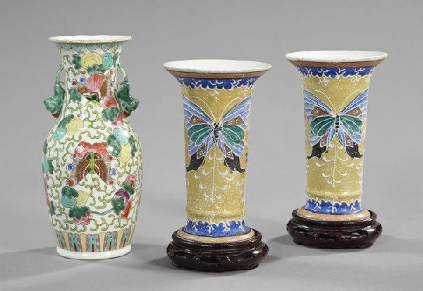Three-Piece Group of Oriental Items,: Three-Piece Group of Oriental Items, consisting of a pair of Japanese Meiji richly polychromed and white enamel-detailed Satsuma pottery vases of trumpet form in "Papillons" decor, first quarter 20th 