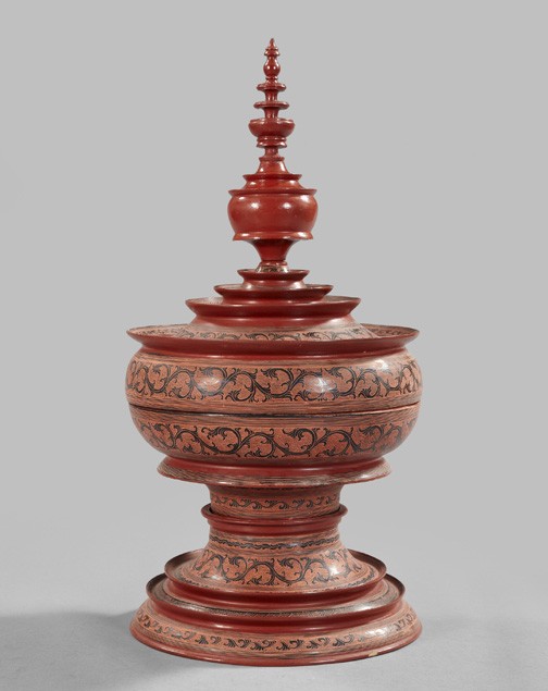 Striking Chinese Cinnabar Lacquer Covered Bowl: Striking Chinese Cinnabar Lacquer Covered Food Bowl, first quarter 20th century, of "stupa" form in four parts, the cover with a tall turned finial, the interior fitted with a conforming circular tray