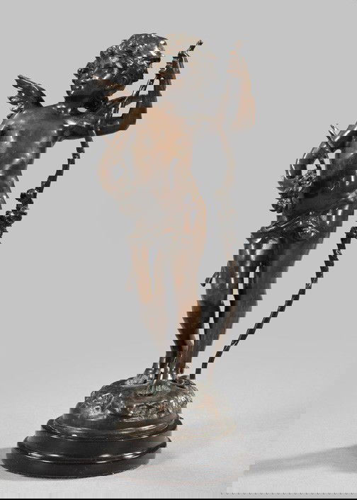 After Augustin Moreau (French, 1822-1912),: After Augustin Moreau (French, 1822-1912), a bronze-patinated spelter figure of "Eros Armed", fourth quarter 19th century, signed at the proper right rear edge "Aug. Moreau", in script, presented on a