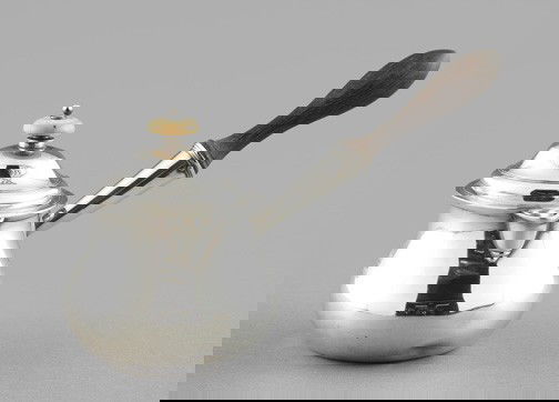 Fine and Rare English Sterling Silver Sauce Pot: Fine and Rare English Sterling Silver Covered Sauce Pot, 1789, London, maker: Hester Bateman, the angled side handle of turned ebonized fruitwood, the cover finial of ivory and of large button form, o