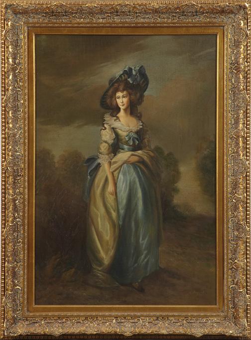 After Thomas Gainsborough (British, 1785-1786): After Thomas Gainsborough (British, 1785-1786) "Sophia Charlotte, Lady Sheffield", oil on canvas, signed illegibly lower right, second quarter 20th century, 24" x 36". Presented in a Louis XVI-style g