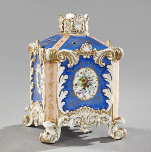 Fine and Rare Paris Porcelain Square Bulb Pot: Fine and Rare Paris Porcelain Square Bulb Pot, third quarter 19th century, with a conforming hipped cover, both in the Louis XVI taste, each royal blue facade of the body centered with a well-painted 