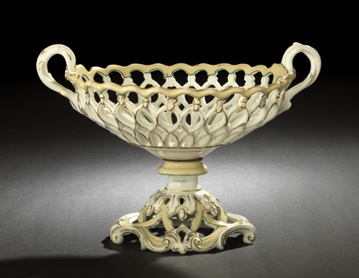Good Paris Porcelain Crabstock-Handled Corbeille: Good Paris Porcelain Crabstock-Handled Reticulated Corbeille, third quarter 19th century, of oval form in the rococo taste, banded in pale melon, green-striped and parcel-gilt, the borders with altern