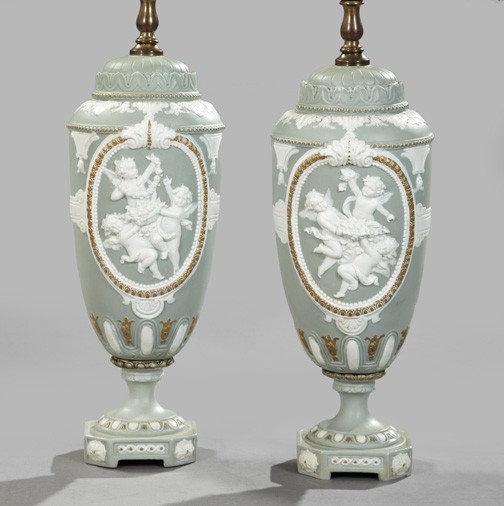 German Jasperware Garniture Vases/Lamps: Pair of German Jasperware Garniture Vases/Lamps, first quarter 20th century, of baluster form in the Louis XVI taste, in pale sage green and white jasperware, each facade with a bas-relief reserve in