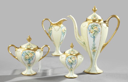 Jean Pouyat, Limoges, Porcelain Coffee Service: Good Four-Piece Jean Pouyat, Limoges, Porcelain After-Dinner Coffee Service, first quarter 20th century, comprised of an attenuated baluster-form coffeepot, a pyriform cube footed sugar basin, a tall 