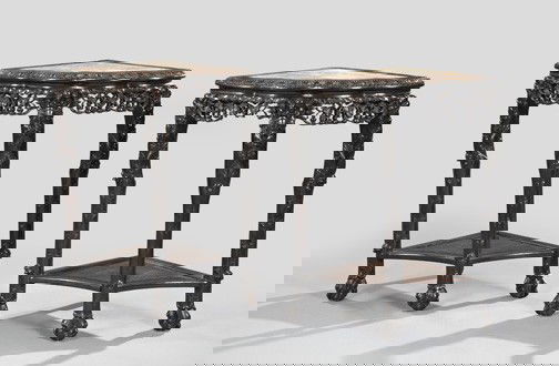 Chinese Hardwood and Marble-Top Corner Tables: Pair of Chinese Stained Hardwood and Marble-Top Corner Tables, first quarter 20th century, each with a scalloped demi-lune top with a beaded and carved edge, inset with variegated rouge marble, above