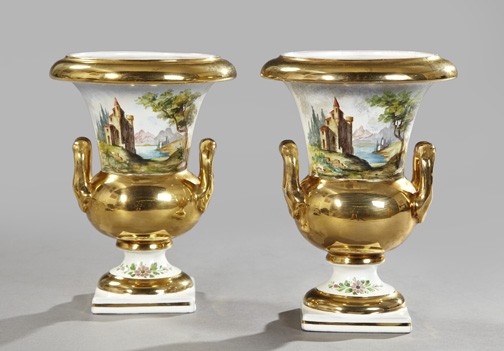 Good Pair of Mary Ryan, Italy, Pottery Vases: Good Pair of Mary Ryan, Italy, Pottery Two-Handled Vases, of campana form and lavishly gilded in the Restauration Paris porcelain style, each facade with a polychromed Italianate landscape, the revers