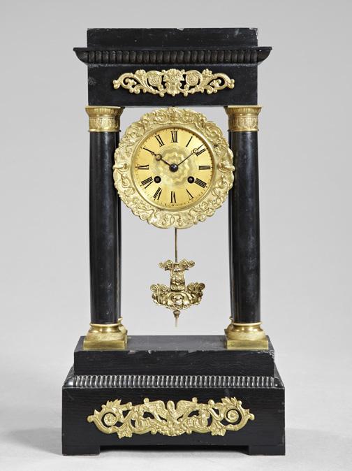 Japy Freres, Paris, Fruitwood Mantel Clock: Attractive Japy Freres, Paris, Brass-Mounted Fruitwood Mantel Clock, fourth quarter 19th century, the carved and ebonized case of "Portico" form in the Louis-Philippe style, the backplate touchmarked 