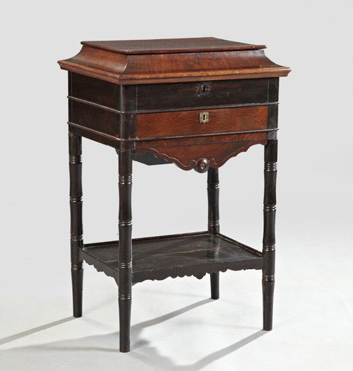 Biedermeier Revival Rosewood Work Table,: Biedermeier Revival Rosewood Work Table, third quarter 19th century, the rectangular hinged top opening to a compartmented maple interior and a mirrored back, above a frieze drawer and a serpentine-ca