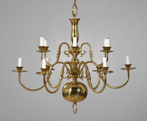 Anglo-Dutch Brass Twelve-Light Chandelier,: Anglo-Dutch Brass Twelve-Light Chandelier, of tiered baluster form in the early Georgian style, electrified and fitted with white faux candles, h. 25", dia. 32".