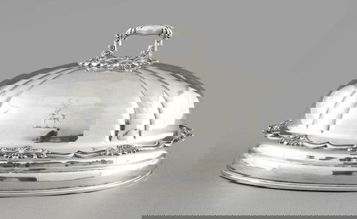 English Silverplate Domed Meat Cover,: English Silverplate Domed Meat Cover, third quarter 19th century, of oval form in "Shell and Scroll" decor in the Old Sheffield style, the foliate handle detachable, the facade handsomely engraved wit