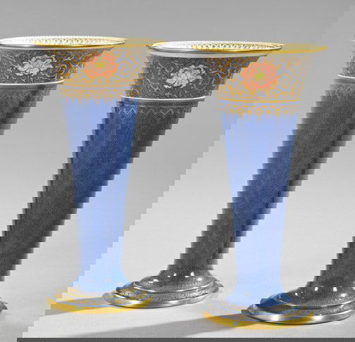 Wedgwood Line Porcelain Trumpet Vases: Good Pair of Wedgwood "Amphora" Line Porcelain Trumpet Vases, first quarter 20th century, each richly gilded and having lapis-blue grounds and polychromed "Oriental Flower" borders, the bases fully ma