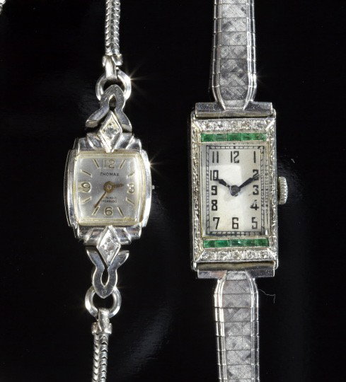 Two Lady's Dress Wristwatches,: Two Lady's Dress Wristwatches, comprised of an Allsopp & Allsopp platinum-top, eighteen-karat white gold case watch in the Art Deco style with a diamond- and emerald-set rectangular case; together wit