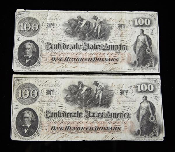 Group of Two $100 Dollar Confederate Bills,: Group of Two $100 Dollar Confederate Bills, 1862, both fourth issue, w. 3", l. 7".