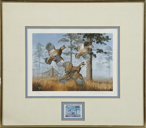 After David Maass (American, b. 1929): After David Maass (American, b. 1929) "Bobwhite Quail", offset lithograph, and "$5, 1982 Quail Research Stamp", lithograph, signed in pencil lower right and numbered in pencil lower left "1254/3900", 