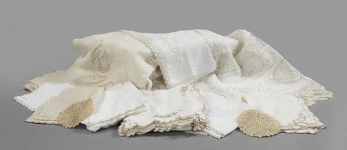 Collection of Miscellaneous Table Linens,: Collection of Miscellaneous Table Linens, including two large openwork tablecloths and various napkins, doilies and place mats, the largest 66" x 112".