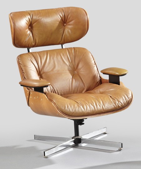 American Mid-Century Modern Armchair,: American Mid-Century Modern Armchair, in the manner of Charles Eames, composed of laminated oak and chrome, and upholstered in leather, the chair mounted to a four-legged base and designed to tilt and