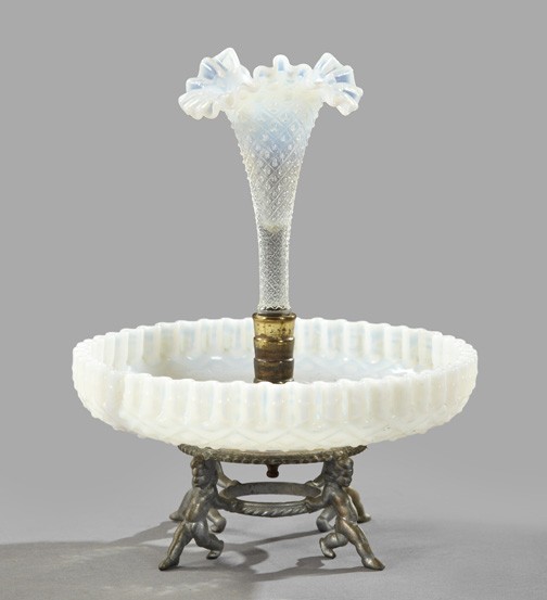 Pewter Single-Trumpet and Bowl Epergn: English Pressed Glass and Pewter Single-Trumpet and Bowl Epergne, fourth quarter 19th century, in opalescent white-to-clear glass in "Lattice and Bead" decor, in a Henry Turim, New York, silver-washed