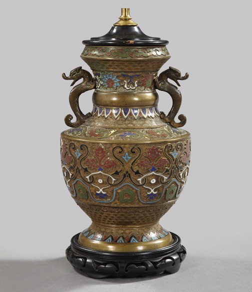 Kuang Hsu Dragon-Handled Garniture Vase: Kuang Hsu Champleve Enameled Dragon-Handled Garniture Vase, fourth quarter 19th century, now mounted as a table lamp with a turned wooden cap and an ebonized carved Chinese hardwood base, h. 12", dia.