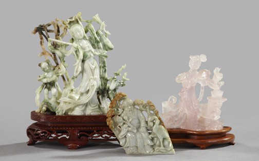 Three-Piece Collection of Kuang Hsu Figures,: Three-Piece Collection of Kuang Hsu Figures, fourth quarter 19th century, the highly carved hardstone and jade figures comprised of a large green and white jade group of Kuan-yin disporting herself in