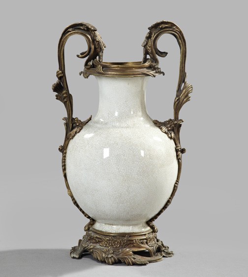 Continental White Crackle Porcelain Vase,: Continental White Crackle Porcelain Vase, with bronze-patinated brass mounts in the Louis XV taste, the base of the vase with a coronet-surmounted shield mark in overglazed red, h. 18-1/2", w. 11", d.