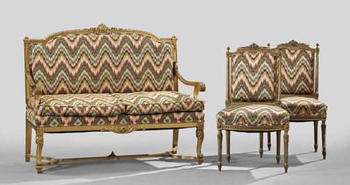 Three-Piece Napoleon III Giltwood Parlor Suite: Three-Piece Napoleon III Giltwood Parlor Suite, fourth quarter 19th century, consisting of a settee, h. 42-1/2", w. 51-1/2", d. 24", and a pair of sidechairs, h. 37", w. 22", d. 21", the settee with a