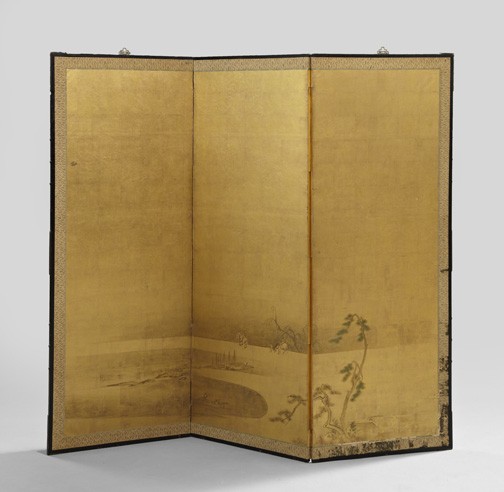 Japanese Meiji Painted Gold-Ground Screen: Japanese Meiji Painted Gold-Ground Three-Panel Screen, first quarter 20th century, featuring figures and horses in a landscape in the Edo style, the panels bordered in floral-figured fabric in the tra