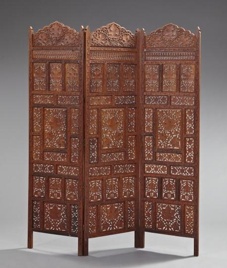 Indian Shesham Wood Three-Panel Folding Screen: Indian Shesham Wood Three-Panel Folding Screen, the elaborately carved screen in the traditional style, h. 74", l. 20-1/4", extended l. 60-3/4".