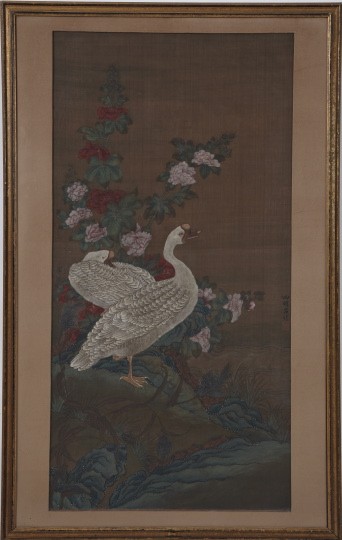 Kuang Hsu Painted Fabric Panel,: Kuang Hsu Painted Fabric Panel, fourth quarter 19th century, featuring a pair of white geese standing amidst flowering shrubs on the bank of a stream, the panel signed in black calligraphy right cente