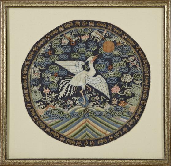 Kuang Hsu Robe Borders and Panels: Four Framed Tao Kuang and Kuang Hsu Embroidered Robe Borders and Panels, second quarter and fourth quarter 19th century, comprised of three blue and white floral borders framed together; a square pair