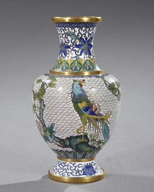 Chinese Blue and White Cloisonne Vase,: Chinese Blue and White Cloisonne Vase, of footed pyriform in "Flowering Shrubs and Exotic Bird" decor, the interior of the neck and the edge of the foot in matte-gilded brass, h. 9-1/2", dia. 5".