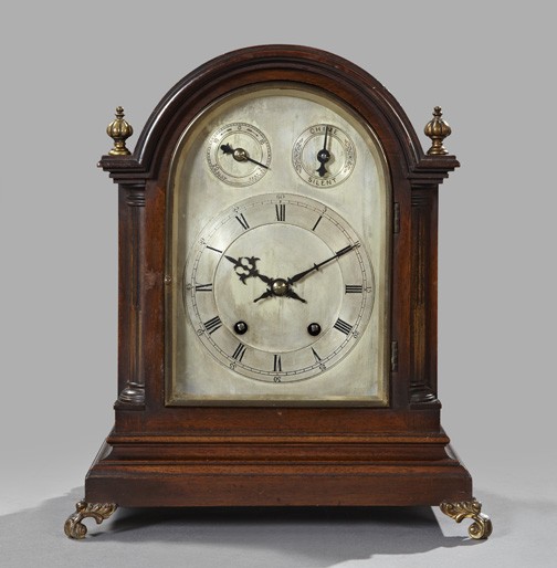 Edwardian Brass-Mounted Mahogany Mantel Clock: Attractive Edwardian Brass-Mounted Mahogany Mantel Clock, ca. 1903, in the George II style, the triple-face dial silvered, the interior of the rear door with the printed paper label of Garrard, Aberde