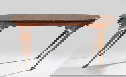 Queen Anne-Style Mahogany Dining Table,: Queen Anne-Style Mahogany Dining Table, mid-20th century, the oval top above a carved apron, raised on cabriole legs ending in pad feet, h. 29-1/2", w. 42", l. 64-1/2", extended l. 101".