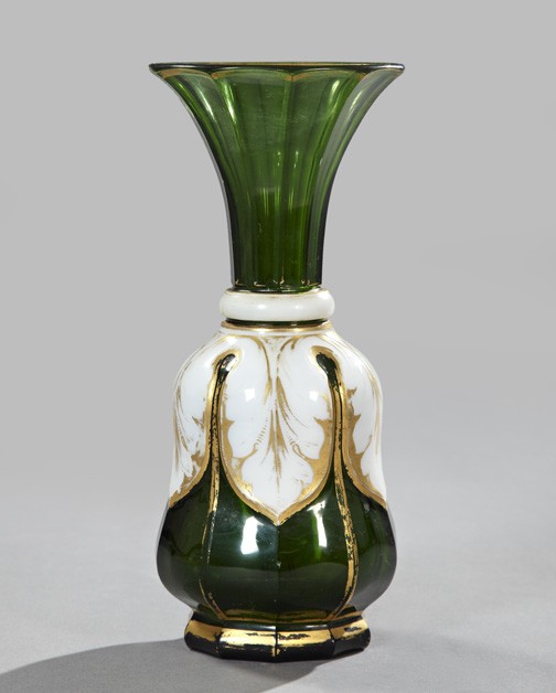 Good French Panel-Cut Glass Garniture Vase,: Good French Panel-Cut Glass Garniture Vase, third quarter 19th century, in parcel-gilt white-over-emerald overlay glass with a lambrequin pattern at the shoulder, h. 10", dia. 4-1/2".