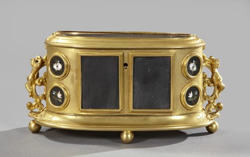 Good Napoleon III Gilt-Brass Jewel Casket,: Good Napoleon III Gilt-Brass Jewel Casket, third quarter 19th century, fitted with black slate and eight small pietra dure rondels of avian and floral subjects, the interior partially lined in marbled