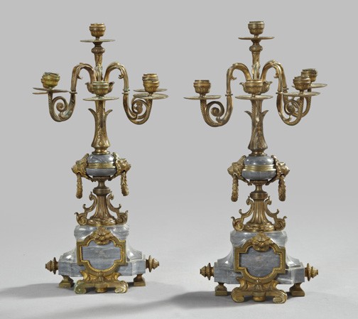 Pair of French Six-Light Candelabra,: Pair of French Six-Light Candelabra, fourth quarter 19th century, composed of gilt-brass-mounted gray Turquin marble in the Neo-Grec taste, the central elements mounted with gilded ringed lion masques