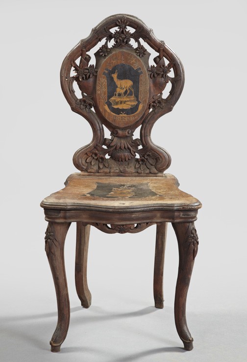 Rococo Revival Inlaid Lindenwood Side Chair: Rococo Revival Black Forest Inlaid Lindenwood Side Chair, fourth quarter 19th century, the foliate-pierced and -carved back surrounding a central inlaid plaque of a stag and fawn, the seat with a simi