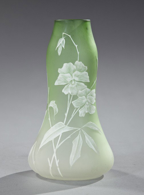 Good Bohemian Glass Vase,: Good Bohemian Glass Vase, ca. 1900, attributed to the Harrach Glassworks, in the Orientalist style, in white cameo-enameled shaded and frosted pale green glass, h. 11-1/4", dia. 6".